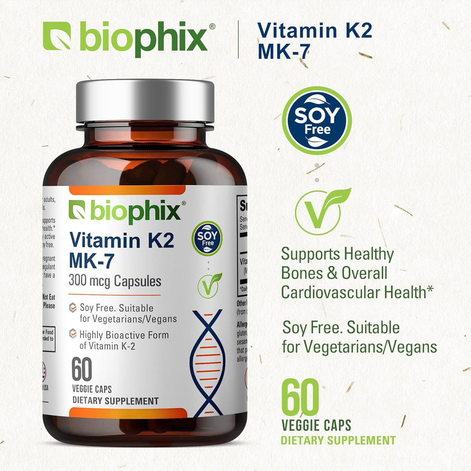 Biophix Vitamin K2 Mk-7 300Mcg, 60 Vegan Capsules  High-Potency Supplement For Bone Strength And Immune Health