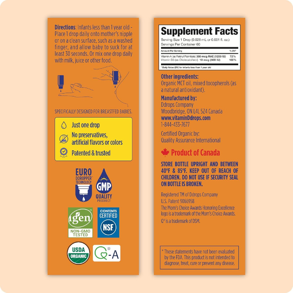 Ddrops® Baby Organic Liquid Vitamins A&D Drops For Infants, 60 Drops. Supports Babies Eye Health, Bone Development And Immune Function. Certified Organic, Non-Gmos, Allergy-Friendly