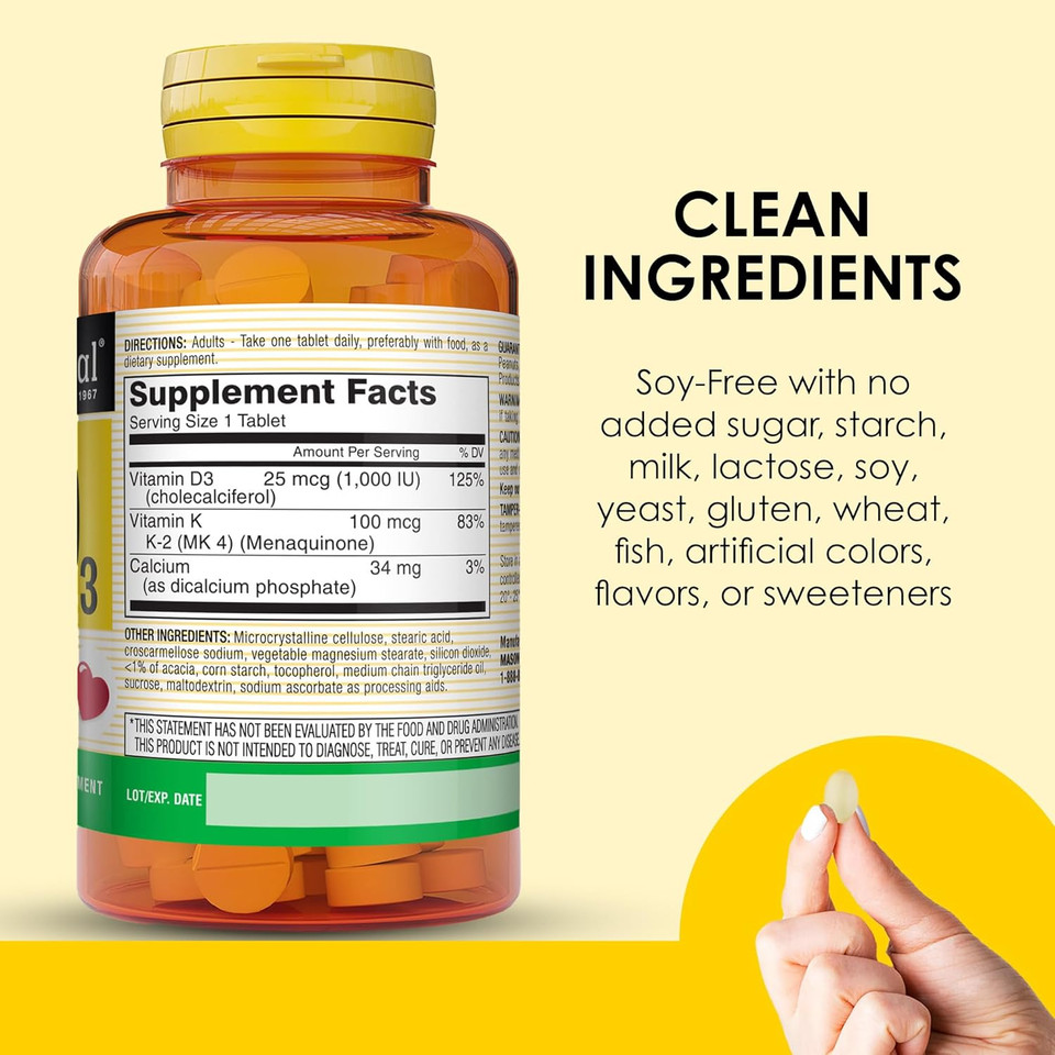 Mason Natural Vitamin K2 + D3, 100,Day Supply, With Calcium For Normal Bone And Muscle Support, Tablets