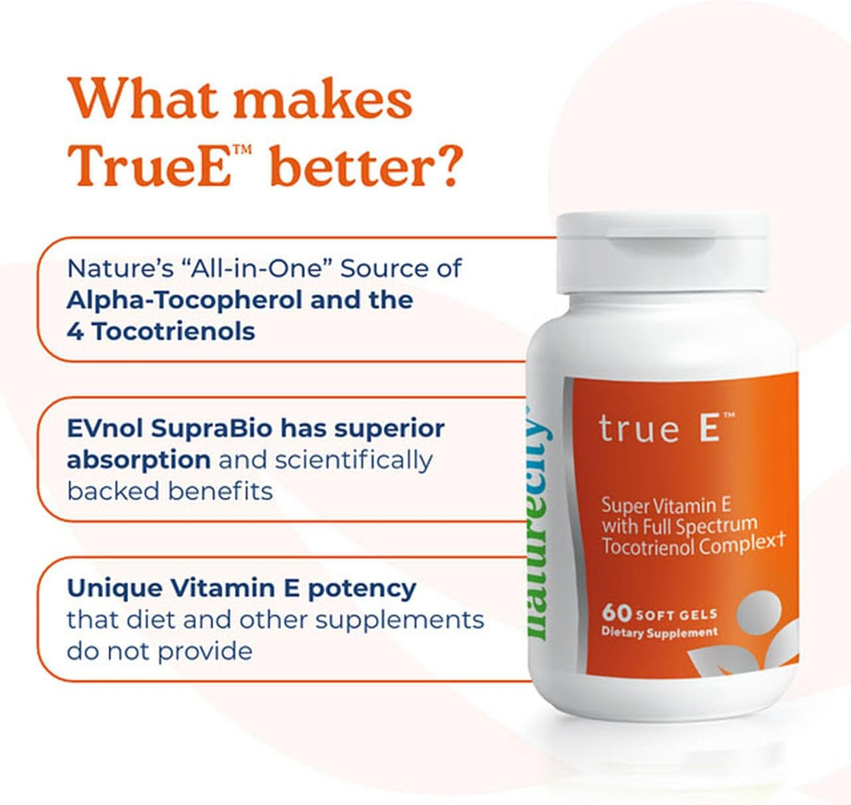 Naturecity True-E Full Spectrum Tocotrienols Vitamin E & Natural Alpha Tocopherol Supplement | Sustainable Vitamin E Tocotrienols From Evnol Suprabio | Non-Gmo Vitamin E Complex | 60 Soft Gels