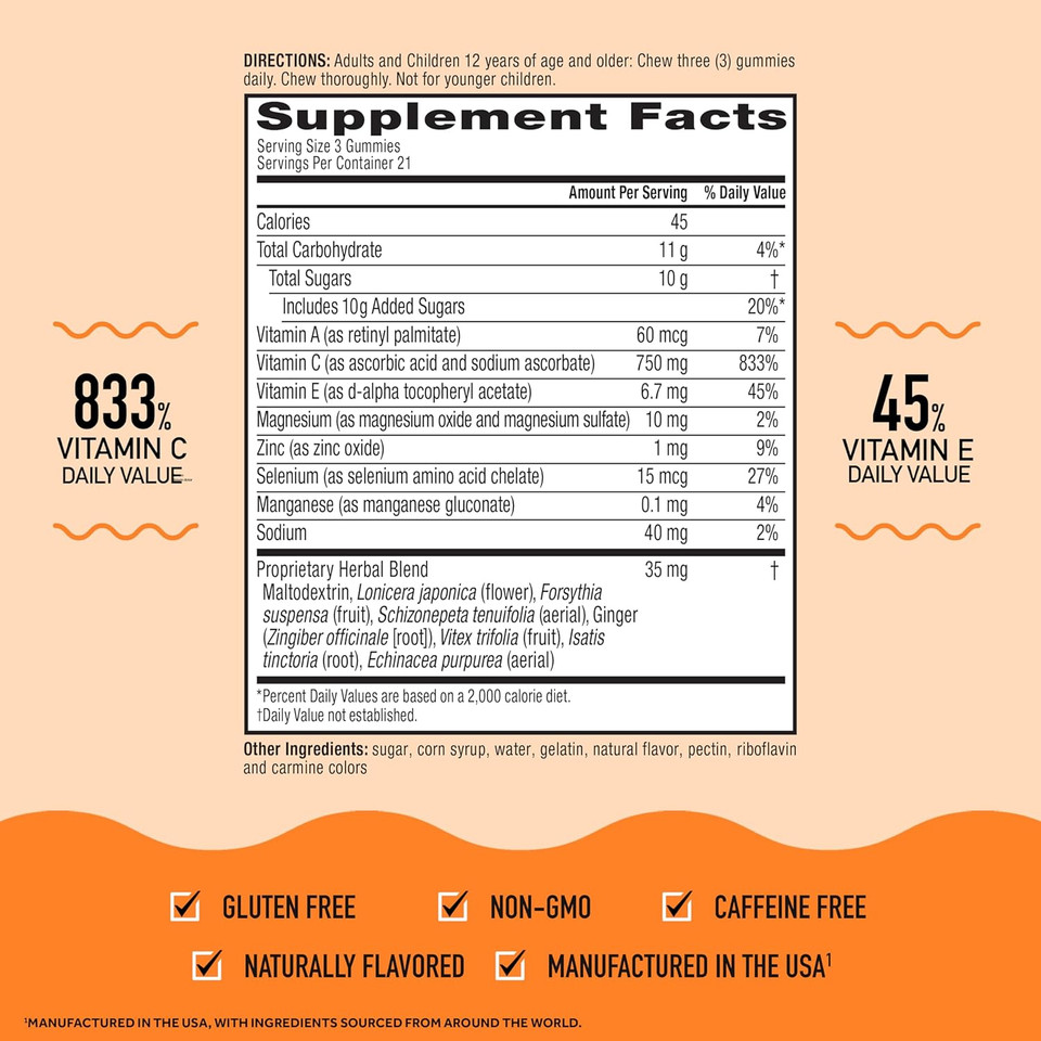 Airborne 750Mg Vitamin C Gummies For Adults, Immune Support Gummies With Powerful Antioxidants Vit C & E, Caffeine Free - 2X63Ct Bottle (42 Servings), Assorted Fruit Flavor