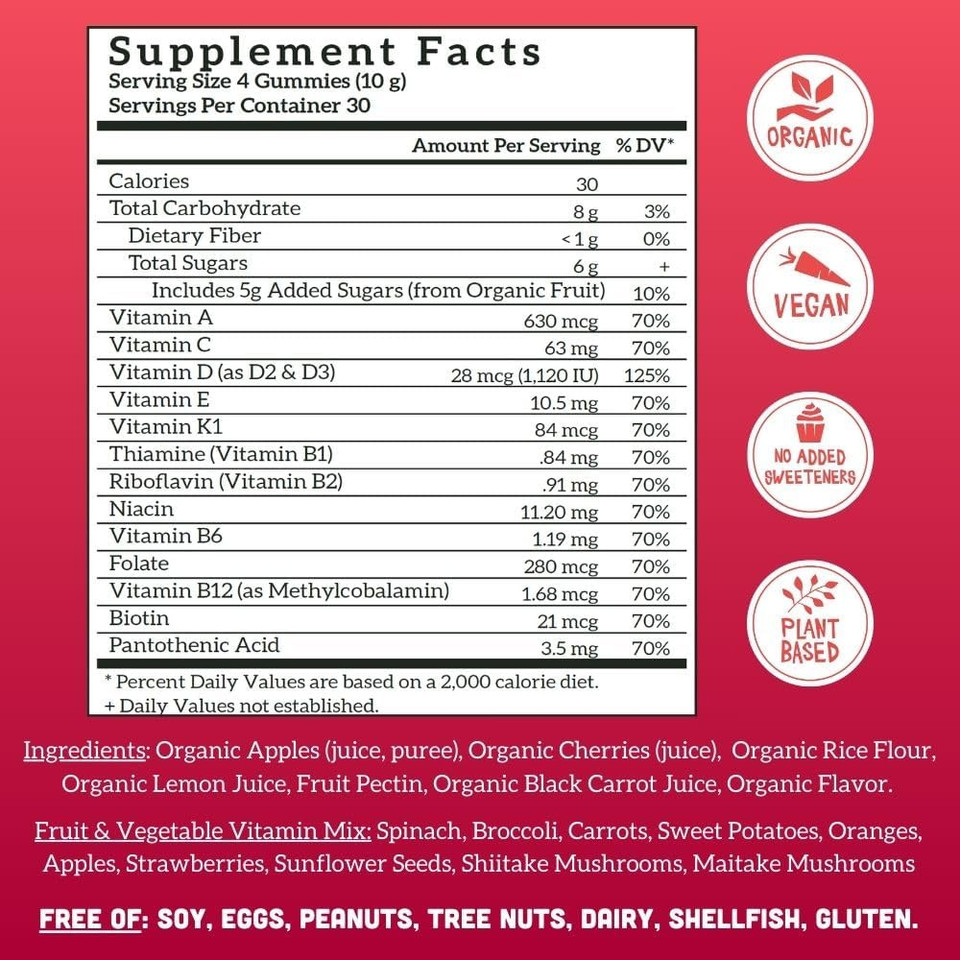 Llama Naturals Multivitamin For Women, Vegan, Organic Gummies With Vitamin D, C And K, Women'S Real Fruit Gummy Vitamins, Chewable Multivitamin Supplement, No Added Sugar Cane, Strawberry, 120 Ct