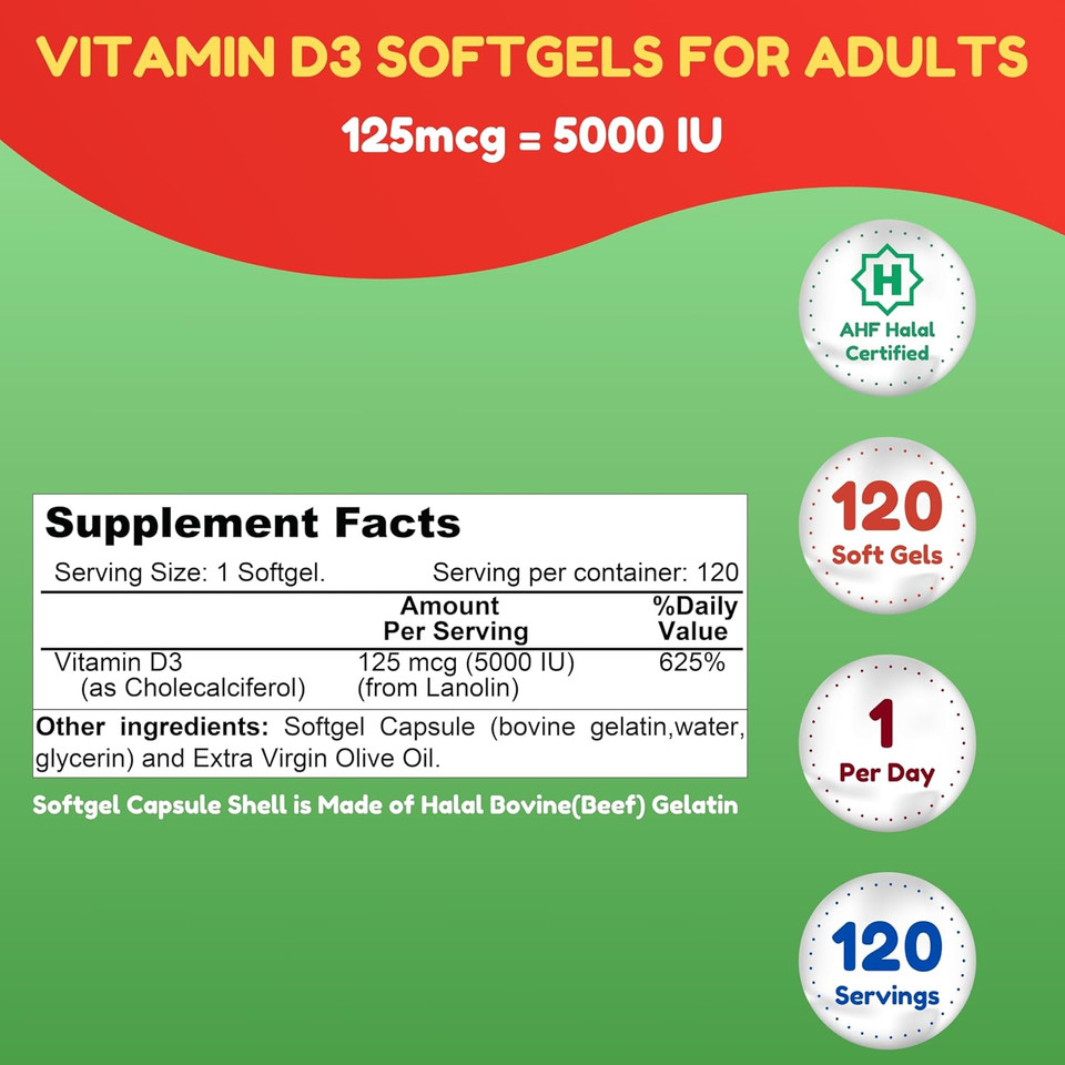 Halal Vitamin D, Halal Vitamin D3, 5000 Iu Softgels, 120 Servings. Non-Gmo, Gluten-Free, Supports: Structure, Bones, Teeth, Heart, Muscle & Immune Functions