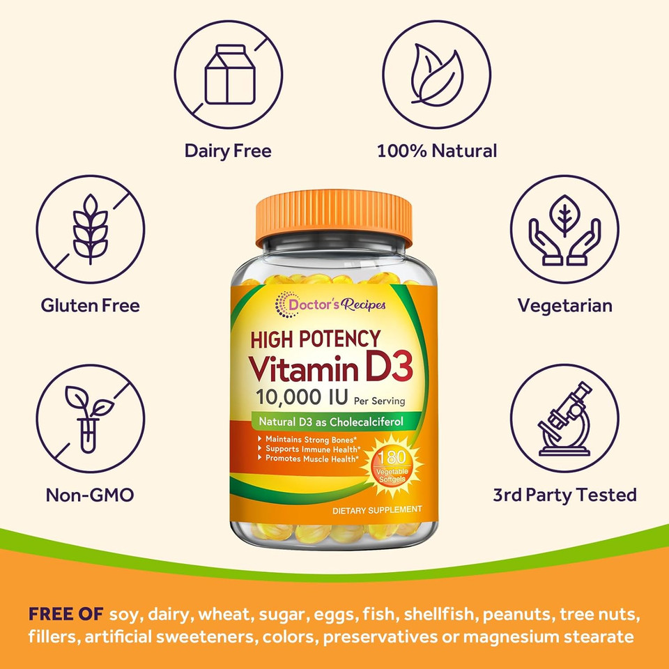 Doctor'S Recipes Vitamin D3 10000 Iu, Immune Support For Bones, Teeth, And Muscle Function, Non-Gmo, No Gelatin, Gluten Or Soy, 90 Days Supply, 180 Vegetarian Softgels