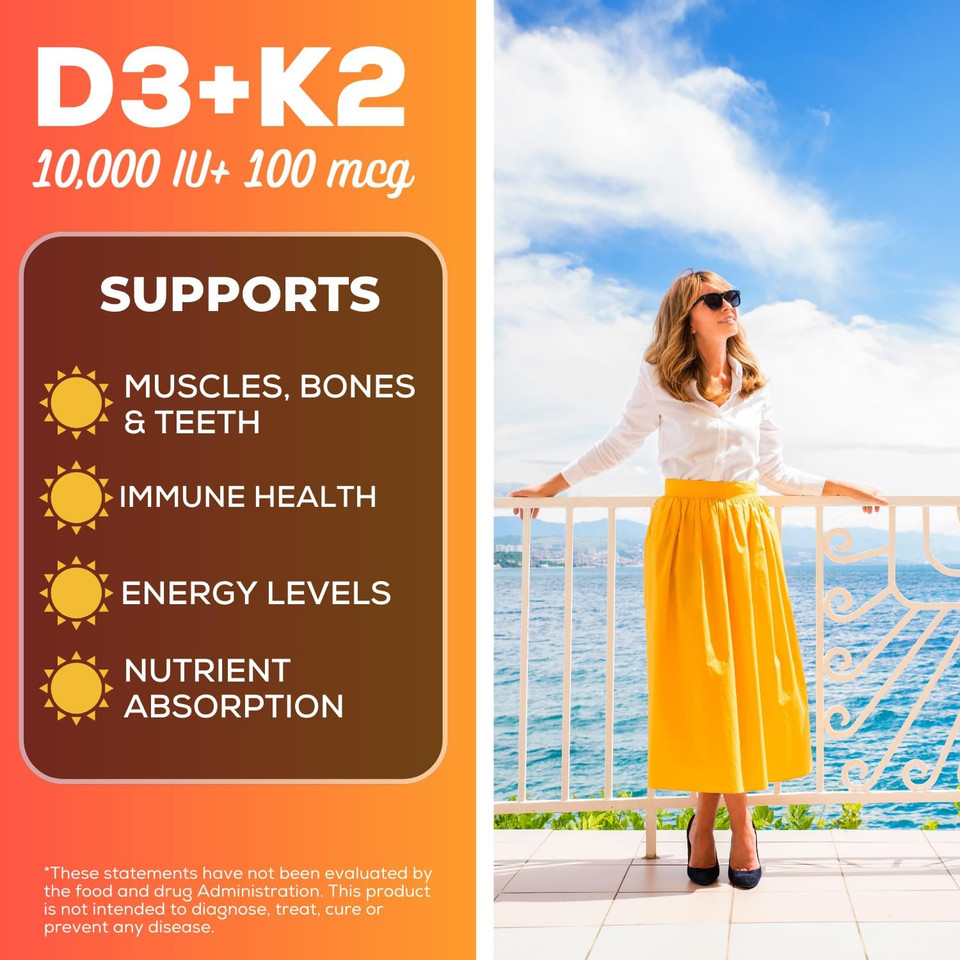 Grow Vitamin D3 K2 W/Mct Oil - 10,000 Iu D3, 100 Mcg K2 Mk7, Calcium, Zinc, Bioperine, Magnesium For Superior Absorption - 60 Capsules