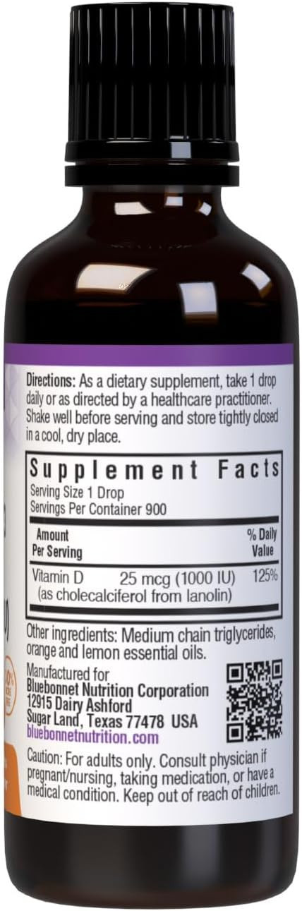 Bluebonnet Vitamin D3 1000 Iu 25Mcg Strong Bones & Immune Support Supplement - Liquid Vitamins For Women & Men - Lanolin Vit D Drops With Mct Oil - Non-Gmo, Vegetarian - Citrus Flavor - 1 Fl Oz