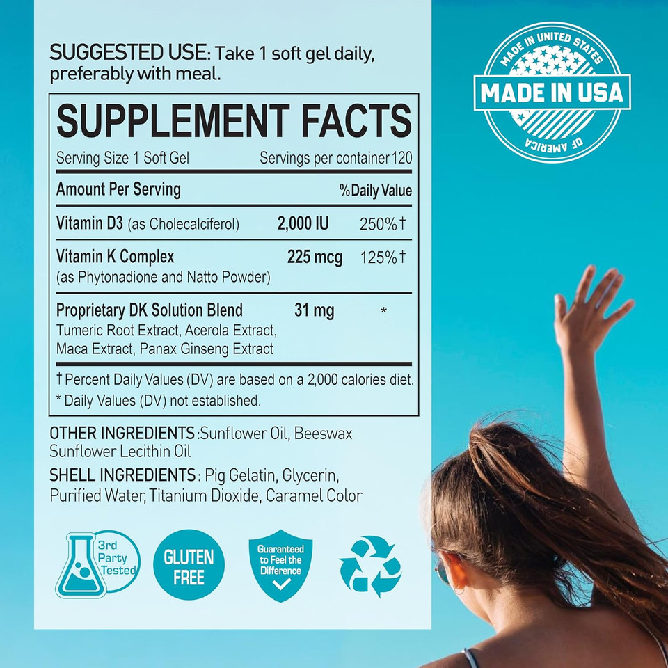 Dk Solution 120 Softgels X 2 Bottles (Vitamin D3 + K Complex) - Dietary Supplement For Bone, Teeth And Muscle Health, Immune Support (240 Count)