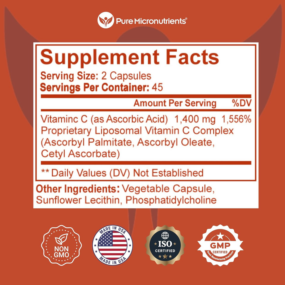 Pure Micronutrients Pure Liposomal Vitamin C - 1400Mg Per Serve Supplement - 90 Capsules - High Absorption Vit C Ascorbic Acid Pills