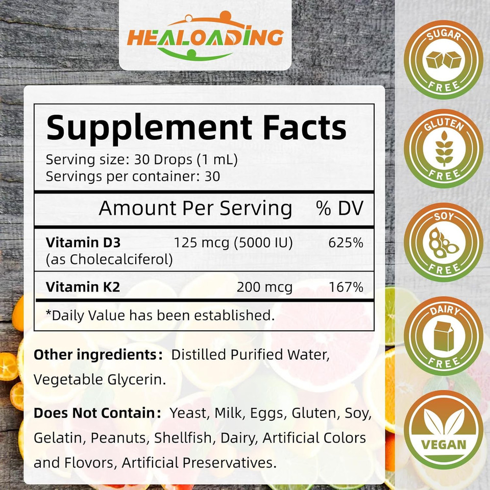 Organic Vitamin D3 + K2 Drops: 5000 Iu Plant-Based D3 & 200Mcg K2 Liquid Supplements | Fast Absorption For Immune Support, Bone Health & Heart Care | Vegan, Non-Gmo (30Ml)