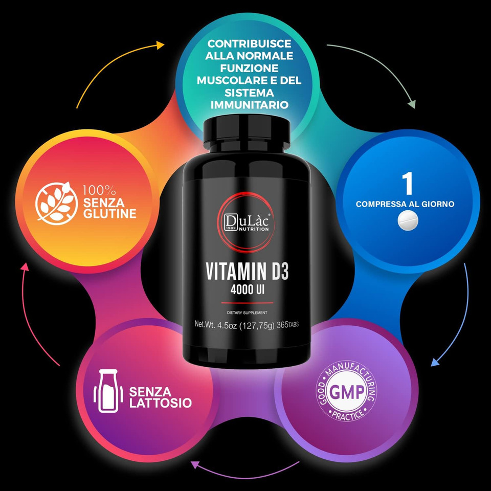Dulàc - Vitamin D3 4000 Iu Supplement, Promotes Calcium & Phosphorus Absorption, Supports Bones, Teeth, Muscles & Immune System, 365 Tablets, Made In Italy