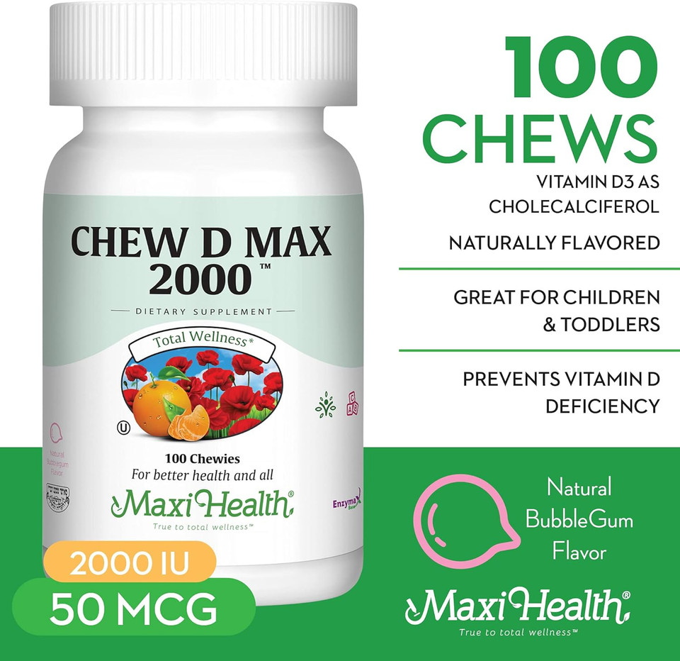 Maxi Health Chewable Vitamin D3 2000 Iu Supplement - Delicious Natural Bubble Gum Flavor - Supports Calcium Absorption, Immune And Bone Health In Adult Women, Men, Children & Toddlers - 200 Chews