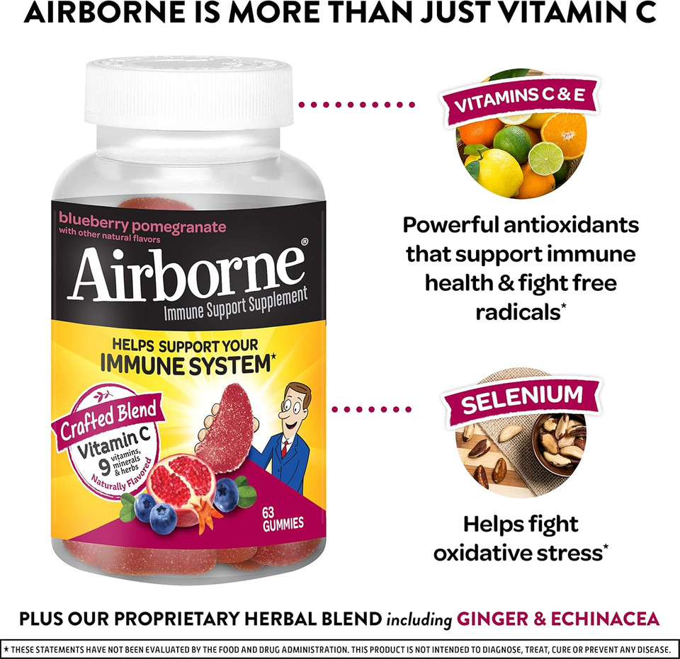 Airborne Vitamin C 750Mg (Per Serving) Assorted Fruit Flavored Gummies (21 Count In A Bottle), Gluten-Free Immune Support Supplement With Vitamins A C E, Selenium, Echinacea & Ginger