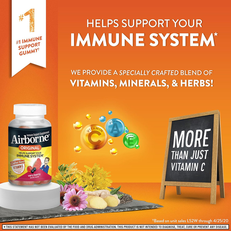 Vitamin C 750Mg (Per Serving) - Airborne Very Berry Flavored Gummies (21 Count In A Bottle), Gluten-Free Immune Support Supplement With Vitamins A C E, Selenium, Echinacea, Ginger, Antioxidants