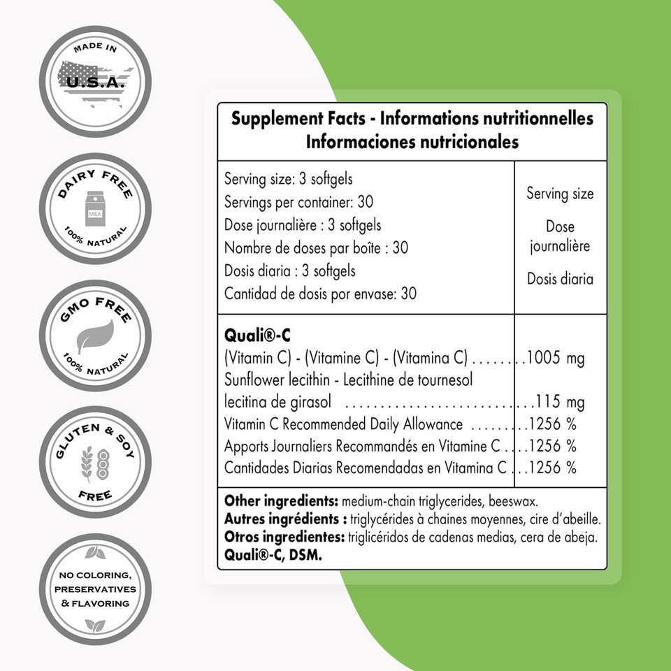 Supersmart Liposomal Vitamin C 1005Mg Per Day (High Absorbption) - Patented Vitamin C Supplement - Collagen Production | Non-Gmo & Gluten Free - 90 Softgels