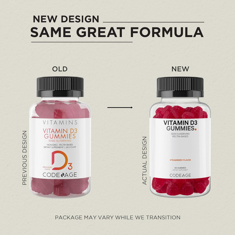 Codeage Vitamin D3 Gummy Vitamins, Vitamin D3 5000 Iu Gummies Cholecalciferol 125 Mcg - 2-Month Supply - Soft Pectin-Based, Animal Gelatin-Free Vitamins Gummy, Strawberry, Gluten-Free - 60 Gummies