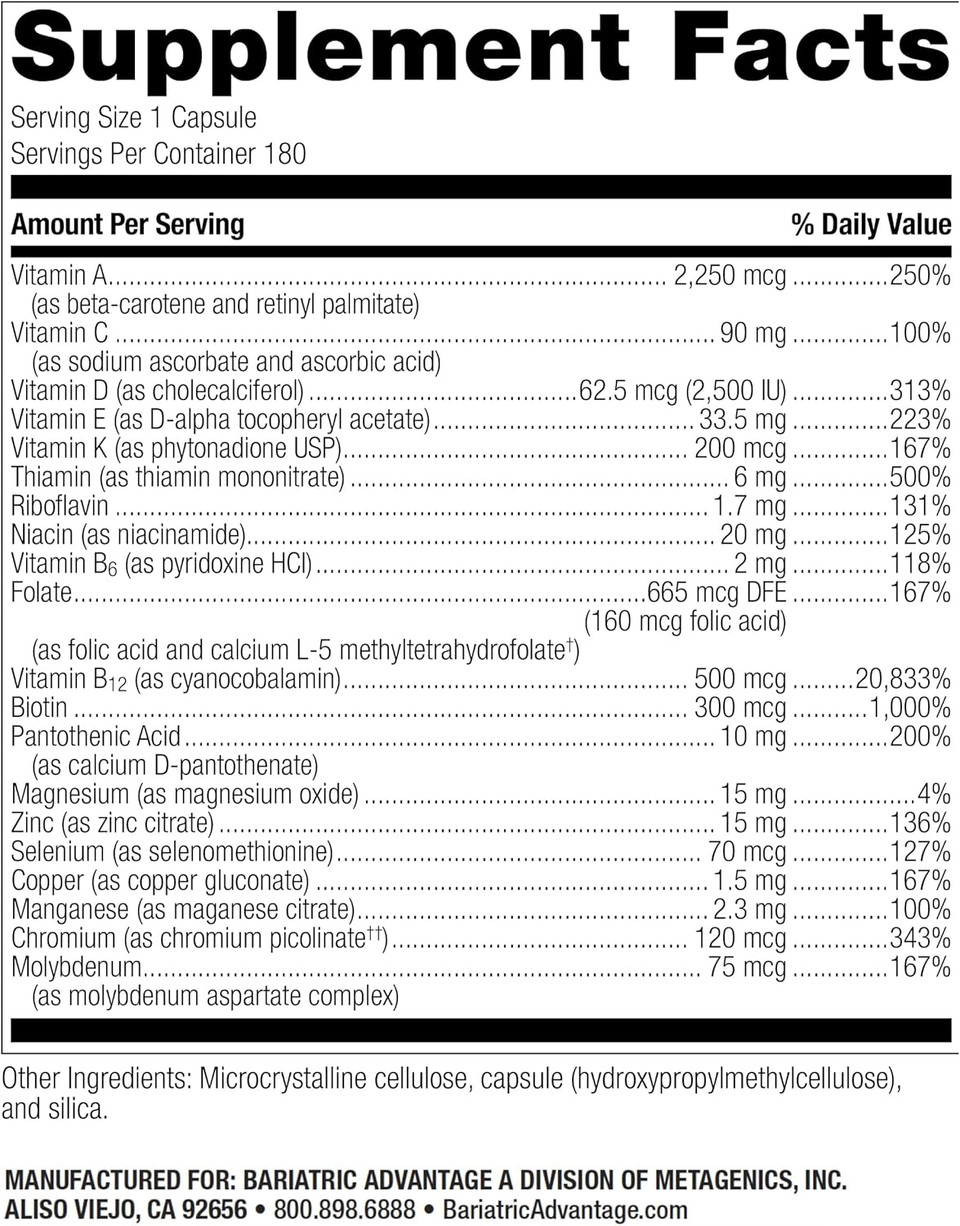 Bariatric Advantage High Adek Multi - For Bariatric Surgery Patients - Multivitamin With Vitamins A, D, E, K & Trace Minerals - 100%+ Dv Of Adek - 180 Capsules