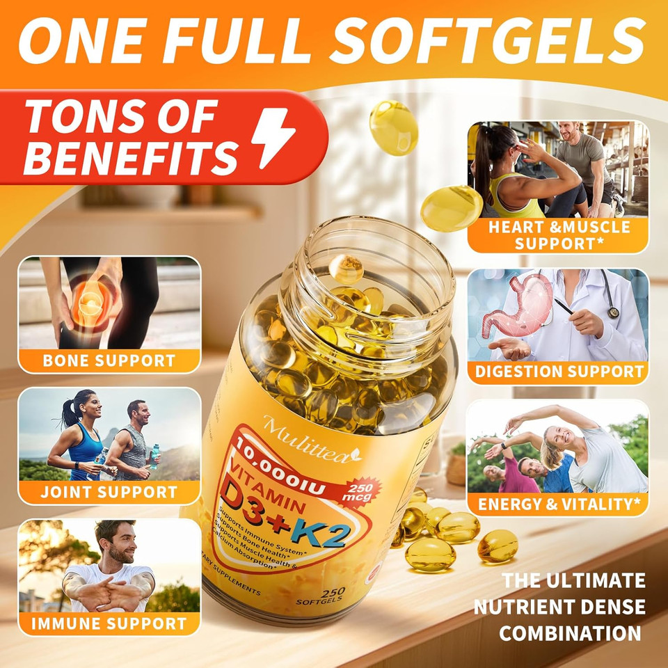 Plant-Based D3 K2 Vitamin 10000 Iu W/Virgin Coconut Mct Oil - 200 Mcg Mk7 Vitamin K2, Non-Gmo For Ultimate Absorption - Bone, Immune & Heart Health - Easy To Swallow D & K Supplement - 250 Softgels