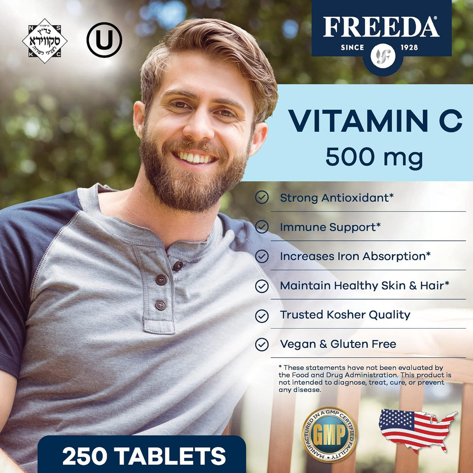 Freeda Vegan Vitamin C 500Mg  Kosher Immune Support & Antioxidant  Helps Maintain Healthy Skin & Hair, Supports Iron Absorption  No Gluten, No Lactose, No Artificial Flavor Or Color  250 Tablets