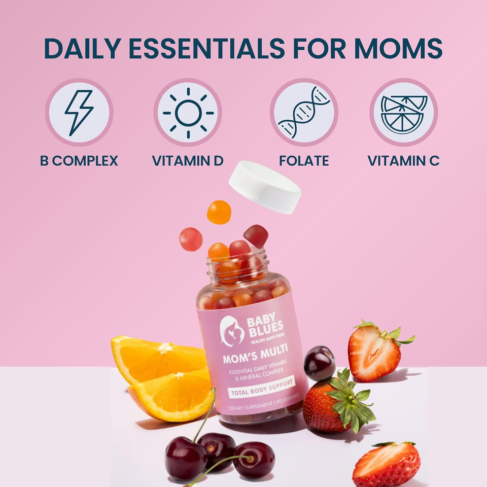 Baby Blues Women'S Multivitamin Gummies  Daily Energy, Immune, Mood & Beauty Support  Vegan Chewable Supplement For Moms With Biotin, Vitamin C, D3, B12, Zinc & Iron