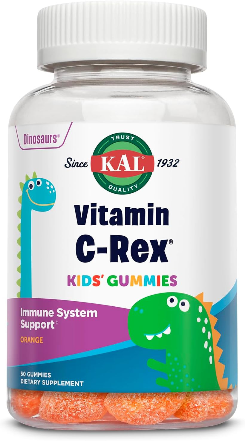 Kal Vitamin C-Rex Kids Gummies, Vitamin C Gummies For Kids, Healthy Immune, Bone, Muscle & Skin Support Vitamin C Gummy, Vegan, Gluten Free, 60 Day Money Back Guarantee, 30 Servings, 60 Gummies