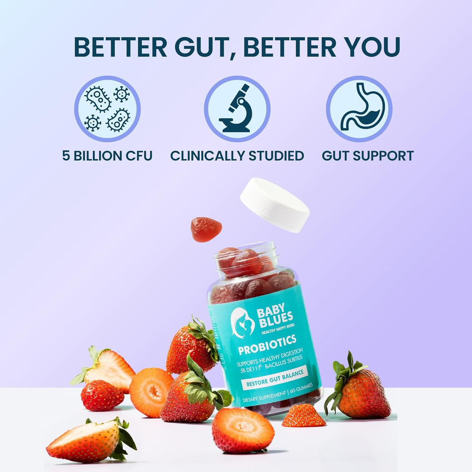 Baby Blues Probiotic Gummies For Women  Organic Strawberry Flavor  Gut, Immune, Skin & Vaginal Health  5 Billion Cfu De111®  Vegan Daily Supplement For Moms  Pre/Postnatal Support