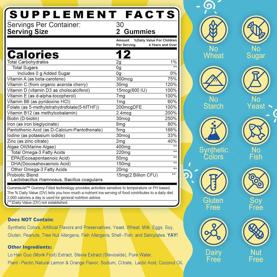 Kids Multivitamin Gummies With Iron, Sugar Free, Kids Daily Vitamins + Probiotics, Algae Omega 3 (Epa/Dha), A, C, D, Methyl B12, Folate, B6, Zinc, Biotin, For Healthy Growth, Immune Support, 60 Count