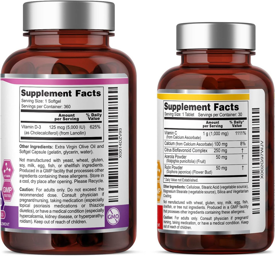 Biophix Vitamin D-3 5000 Iu 360 Softgels - Free Vitamin C-1000 30 Tablets - High-Potency In Extra Virgin Olive Oil Non-Gmo Soy-Free Supports Strong Bones Immune Health