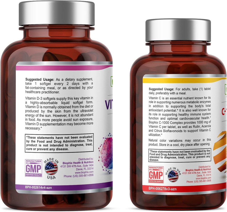 Biophix Vitamin D-3 5000 Iu 360 Softgels - Free Vitamin C-1000 30 Tablets - High-Potency In Extra Virgin Olive Oil Non-Gmo Soy-Free Supports Strong Bones Immune Health