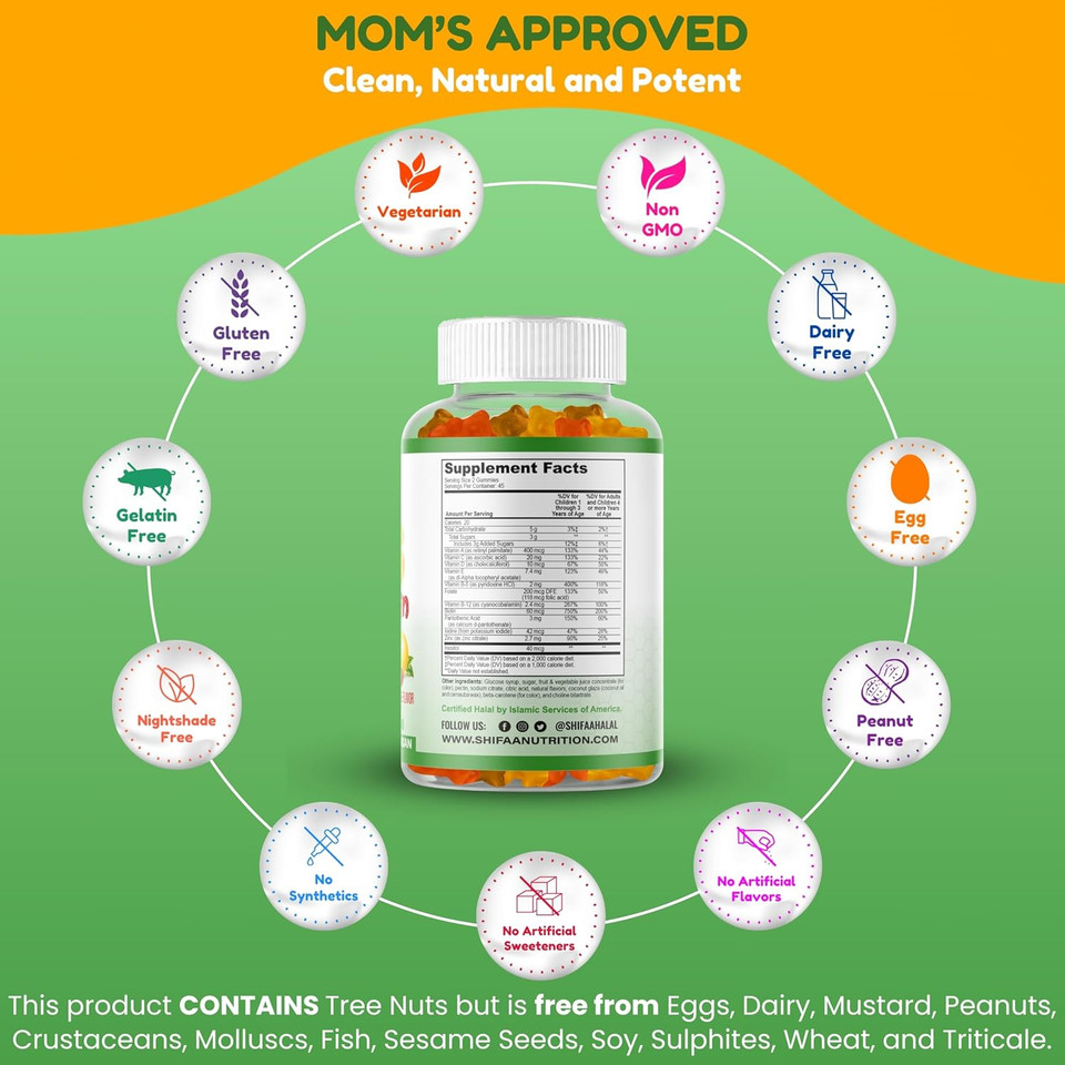 Halal Kids Multivitamin Gummies, 45-90 Days Supply, With All Essential Kids Vitamins. Toddler Vitamins With Vitamin C, D, Zinc, A, E, B6, B12, Biotin | Halal Gummy Vitamins For Kids