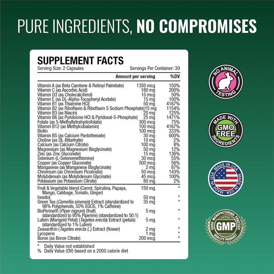 Approved Science Multi-Vitamin - With Full-Spectrum B-Vitamins, Green Tea, Lutein, Lycopene, Zeaxanthin, Bioperine - 60 Capsules - 1 Month Supply