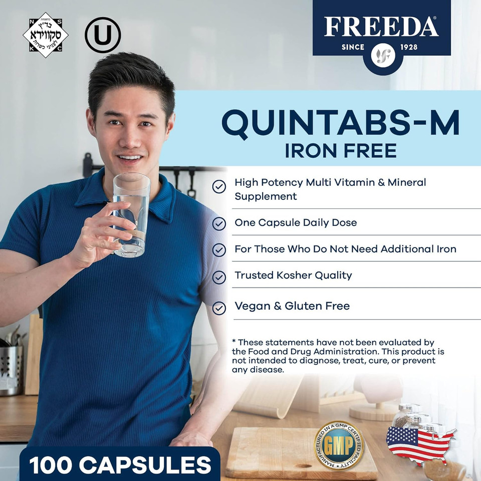 Freeda One Daily Multivitamin Without Iron  Quintabs-M Iron-Free  Kosher, Balanced Multivitamin Supplements For Adults, Men & Women'S Health Complete Multivitamins (100 Capsules)