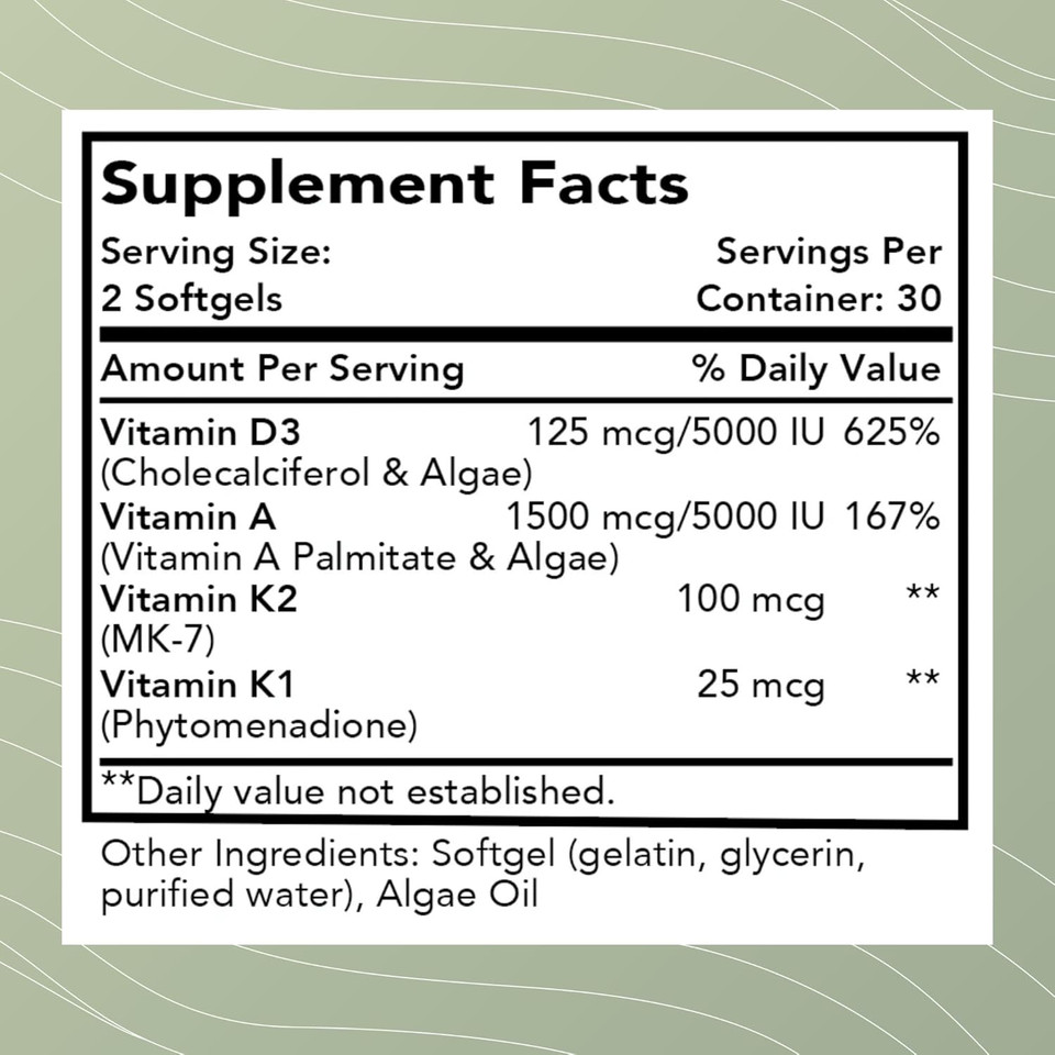 Optimal Health Systems Essential Dak1K2 | Vitamin D3 + A + K1 + K2 Immune Support, Bone Health, & Heart Health | Vitamin D W/Mk-7 | 5000 Iu | (Non-Gmo, Whole Food, Gluten-Free) 60 Softgels
