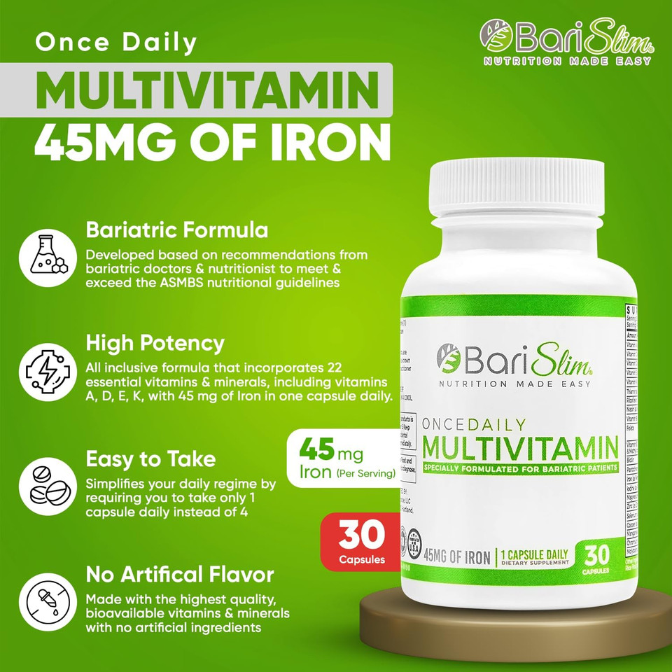 Barislim Once Daily Bariatric Multivitamin Capsule - 45Mg Of Iron - Bariatric Vitamin & Supplement For Post Bariatric Surgery Including Gastric Bypass & Gastric Sleeve | 90 Day Supply