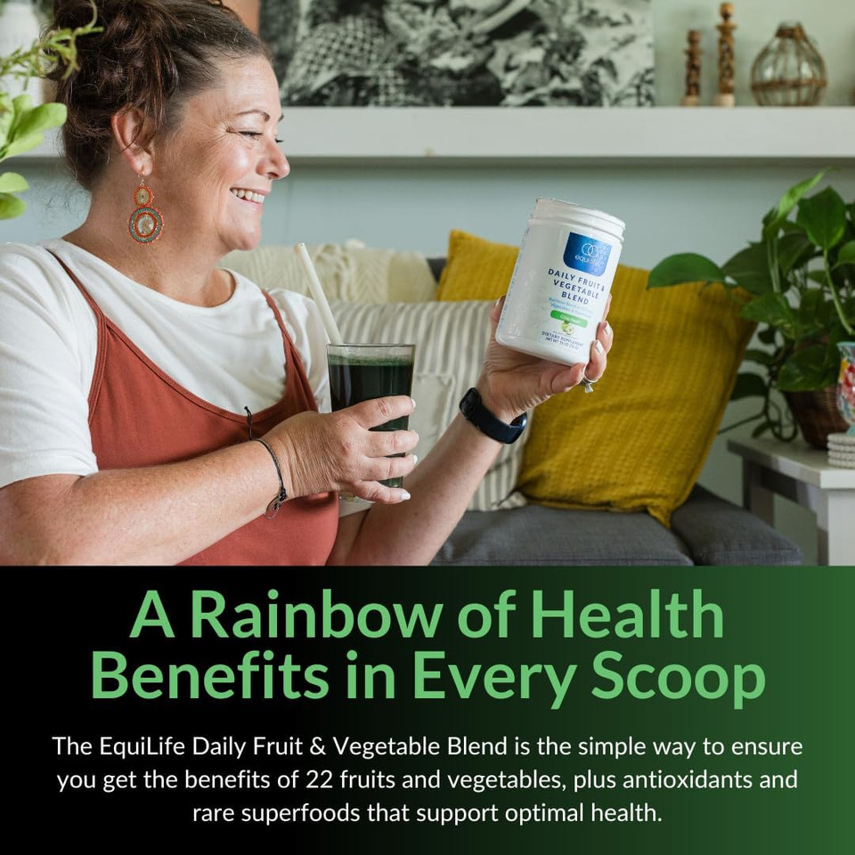 Equilife Daily Fruit & Vegetable Blend, Superfood Antioxidant Supplement, Crisp Apple Flavor With Vitamin C, Fiber, And 9 Essential Amino Acids, Supports Energy, Low Sugar, Vegan, 30 Servings