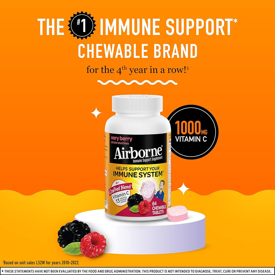 Airborne Berry Chewable Tablets, 64 Count - 1000Mg Of Vitamin C - Immune Support Supplement