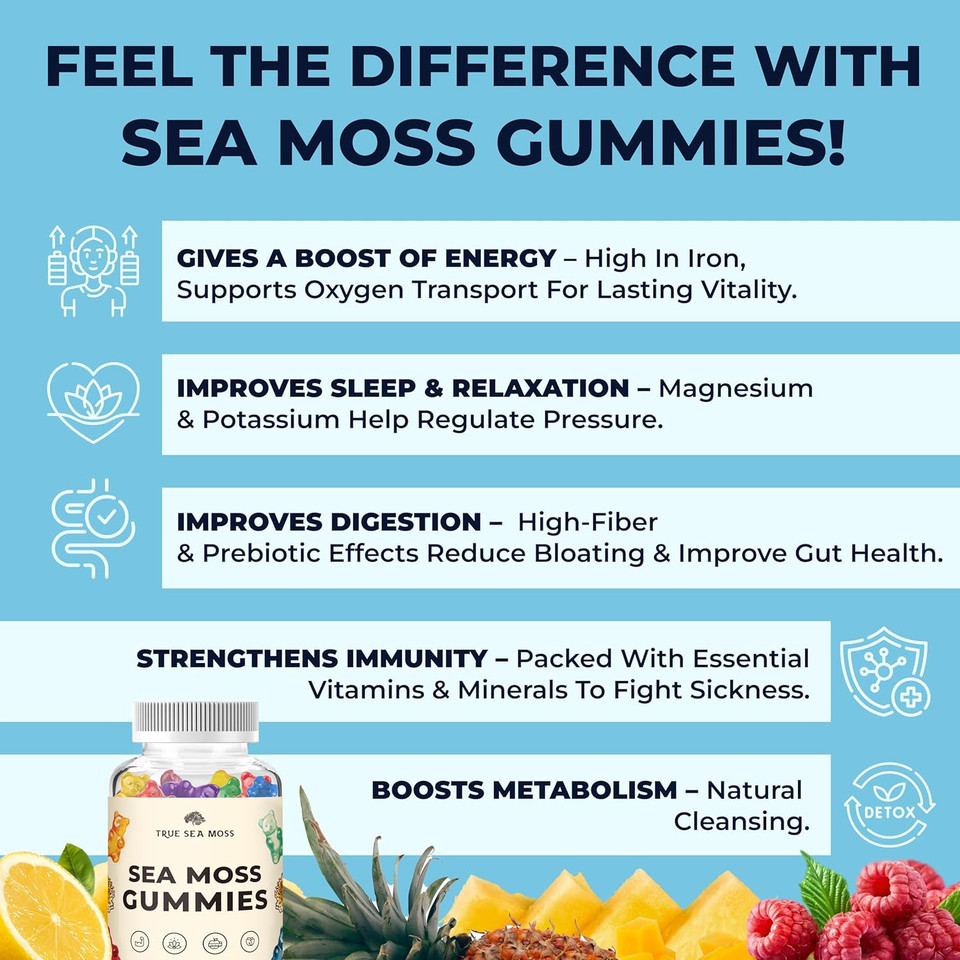 Irish Sea Moss Gummies With Burdock Root & Bladderwrack - Vegan Seamoss Supplement For Women, Men & Kids, Non-Gmo, 60 Sea Moss Gummies