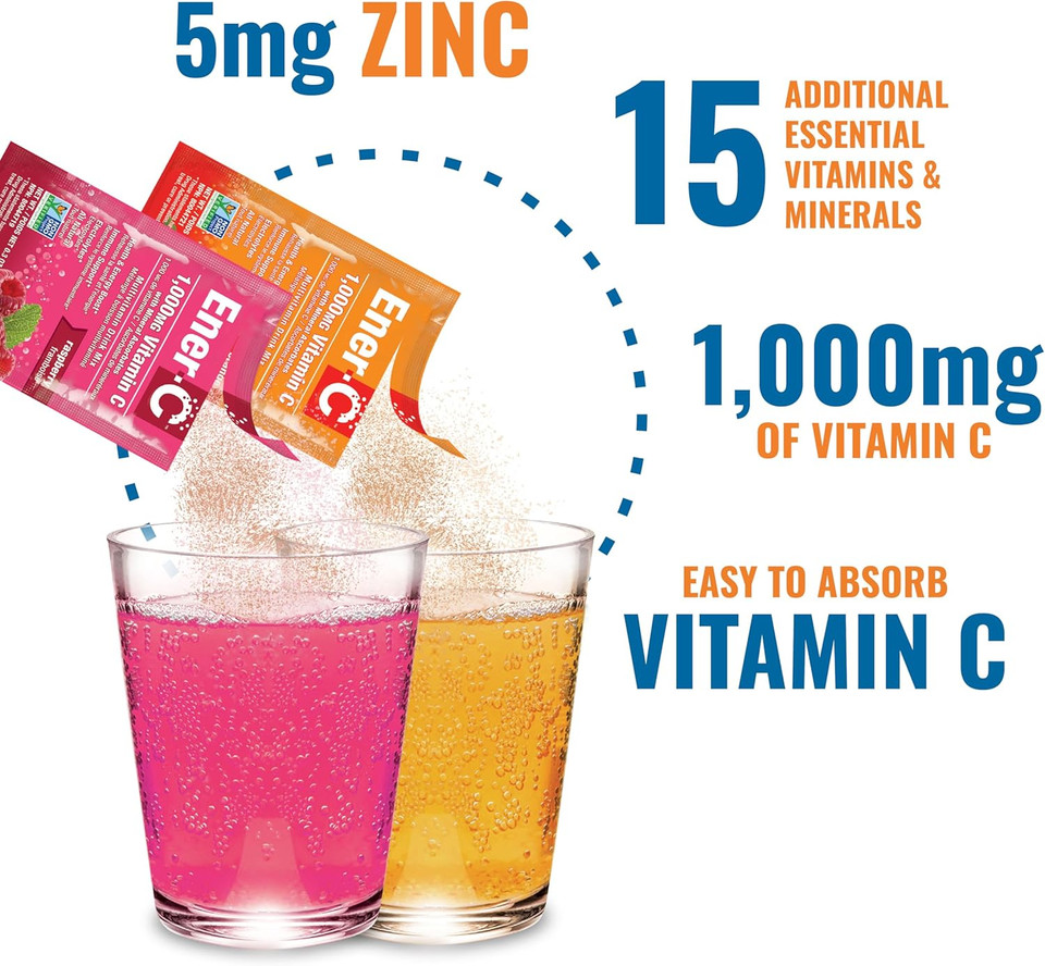 Ener-C Orange & Raspberry Multivitamin Drink Mix Powder Vitamin C 1000Mg & Electrolytes With Real Fruit Juice Natural Energy & Immune Support For Women & Men - Non-Gmo Vegan & Gluten Free - 60 Count