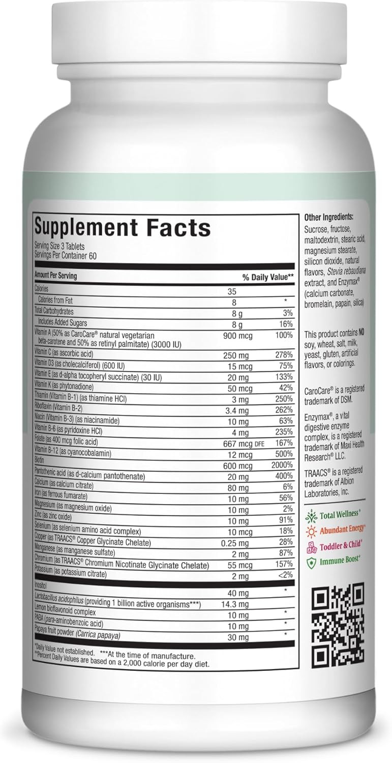 Maxi Health Chewable Multivitamin For Kids, Teens And Adults - Cherry Chewable Vitamins For Adults & Children - Kosher Kids Multivitamin + Iron (180 Tablets)