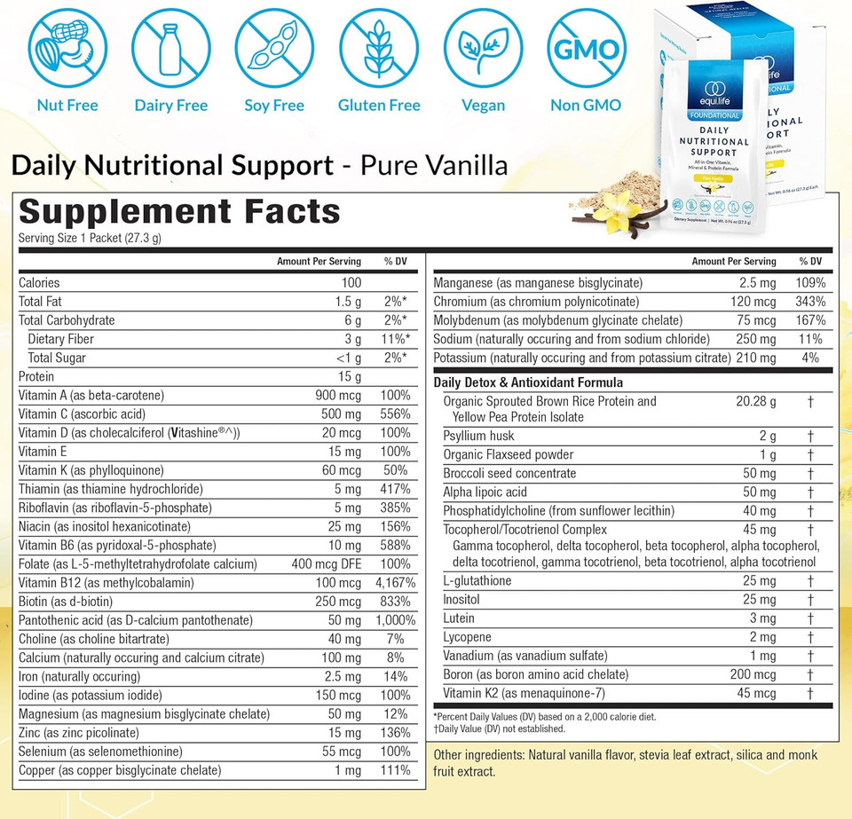 Equilife Daily Nutritional Support, All-In-One Multivitamin Meal Replacement, Pure Vanilla Flavor, 15G Plant Protein, Supports Overall Wellness Including Energy, Digestion, & Skin, 14 Servings