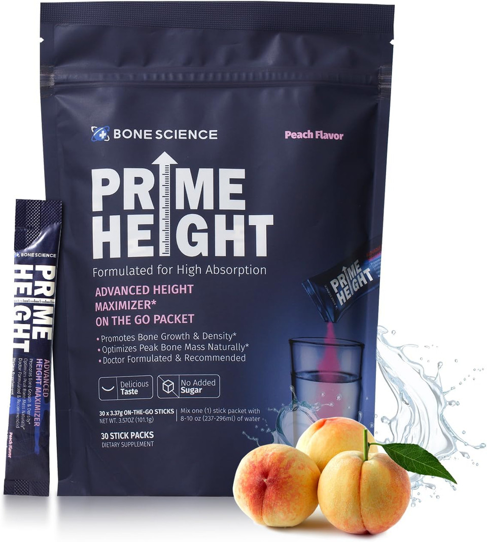 Prime Height Powder  Kids Daily Multivitamin With Calcium, Magnesium, Zinc, And Vitamins B6, B12, C, D3, E, K  30 Sticks, Peach Flavor