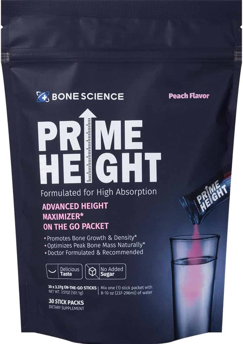 Prime Height Powder  Kids Daily Multivitamin With Calcium, Magnesium, Zinc, And Vitamins B6, B12, C, D3, E, K  30 Sticks, Peach Flavor