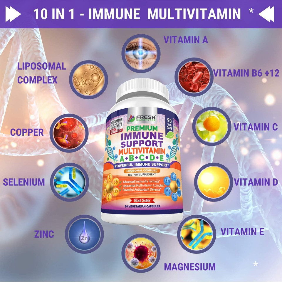Immune Support Multivitamin For Men And Women With Vitamins A, B, C, D, E, B6, B12 - Zinc, Magnesium And Copper With Liposomal Complex For Enhanced Absorption - Daily Antioxidant Boost - 90 Vegan Caps