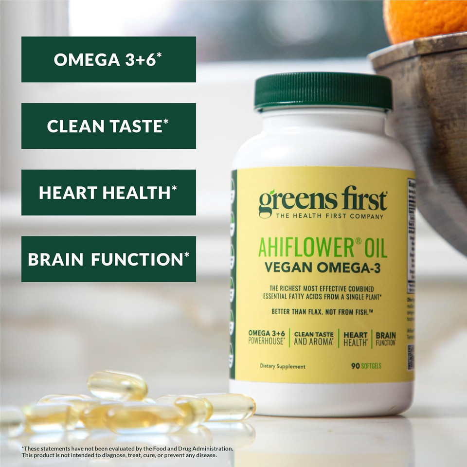 Greens First Ahiflower Oil Plant-Based Omega-3 Supplement  Vegan Omega-3 To Support Brain, Immune, Joint & Heart Health - Essential Fatty Acids - Gluten-Free/Dairy-Free/Soy-Free (90 Softgels)