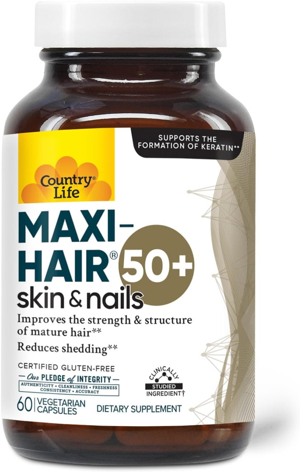 Country Life Maxi-Hair 50+  Biotin-Based Hair, Skin & Nails Supplement For Women & Men Over 50 | Supports Healthy Hair Growth & Reduced Shedding | Certified Gluten-Free & Vegetarian | 60 Capsules