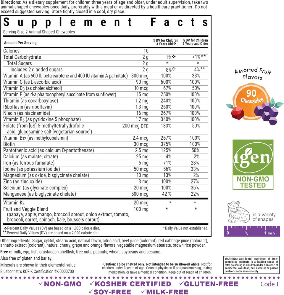 Bluebonnet Nutrition Rainforest Animalz Whole Food Based Multiple Chewable Tablets, Kids Multivitamin & Mineral, Vitamin C, D3, Iron, Gluten Free, Milk Free, Kosher, 90 Chewable Tablets, Mixed Flavors Bluebonnet Nutrition Rainforest Animalz Whole Food Based Multiple Chewable Tablets, Kids Multivitamin & Mineral, Vitamin C, D3, Iron, Gluten Free, Milk Free, Kosher, 90 Chewable Tablets, Mixed Flavors