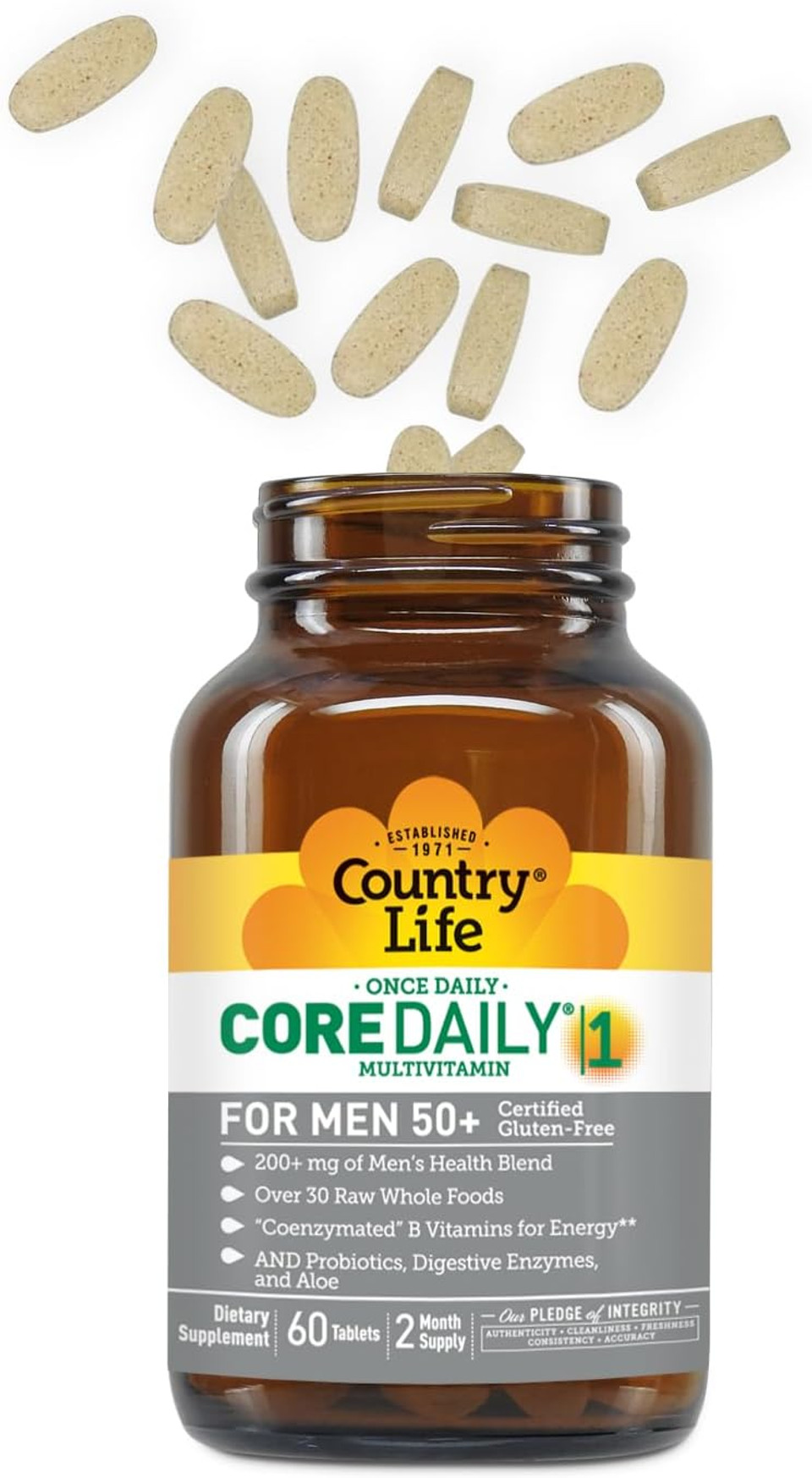 Country Life Core Daily-1 Multivitamin For Men 50+ - Gluten-Free, Energy Support With Coenzymated B Vitamins, Probiotics, Whole Food And Digestive Enzymes, Certified Gluten Free, 60 Tablets Country Life Core Daily-1 Multivitamin For Men 50+ - Gluten-Free, Energy Support With Coenzymated B Vitamins, Probiotics, Whole Food And Digestive Enzymes, Certified Gluten Free, 60 Tablets