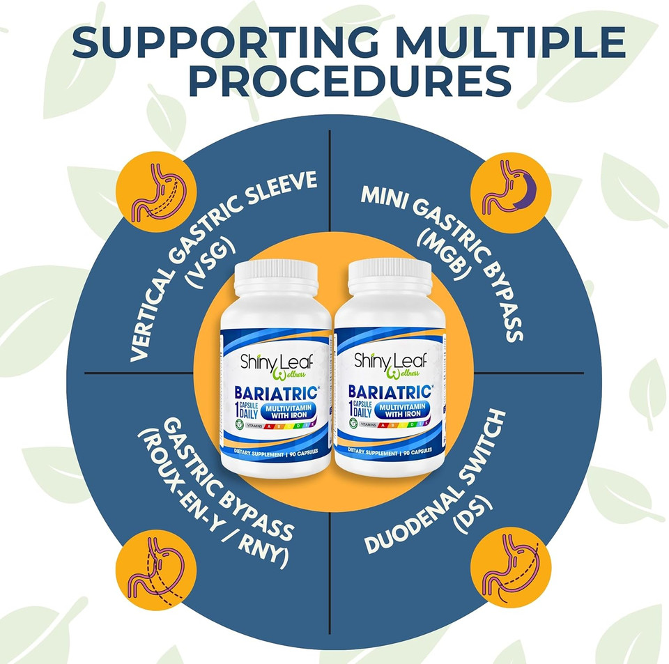 Shiny Leaf Bariatric Multivitamin With Iron - 45 Mg For Gastric Bypass, Sleeve Gastrectomy, Roux-En-Y, Duodenal Switch - 22 Vitamins & Minerals, Asmbs Compliant, Vegetarian, Made In Usa, Gmp, 180 Ct