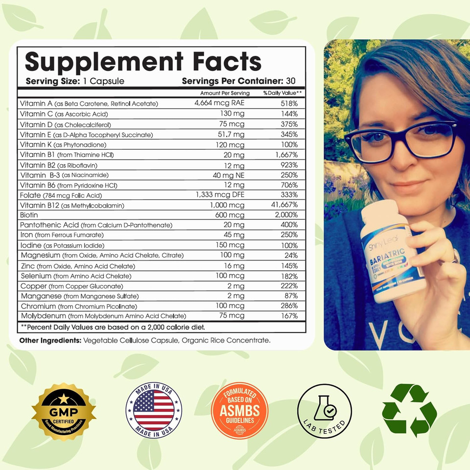 Shiny Leaf Bariatric Multivitamin With Iron - 45 Mg For Gastric Bypass, Sleeve Gastrectomy, Roux-En-Y, Duodenal Switch - 22 Vitamins & Minerals, Asmbs Compliant, Vegetarian, Made In Usa, Gmp, 180 Ct