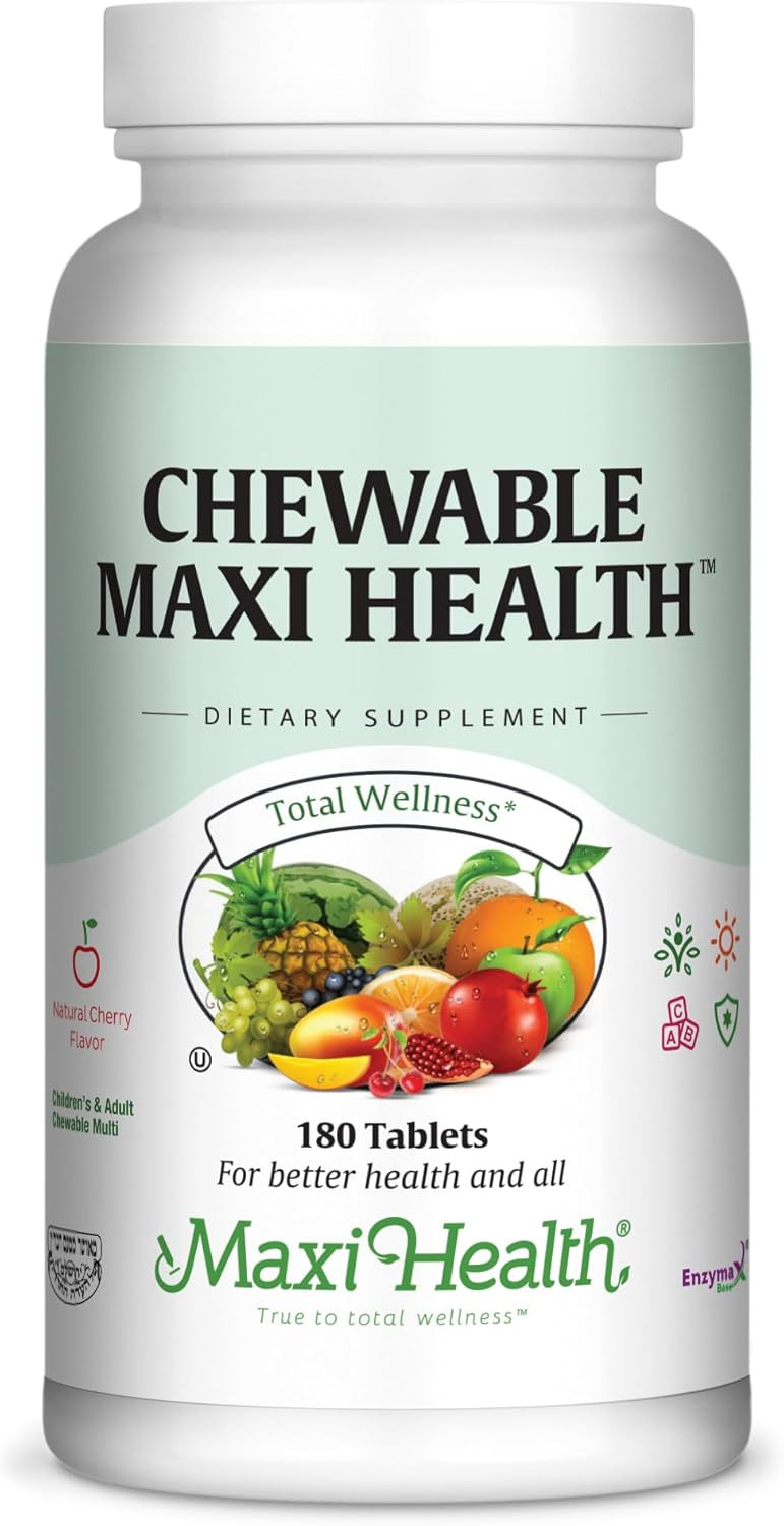 Maxi Health Chewable Multivitamin For Kids, Teens And Adults - Cherry Chewable Vitamins For Adults & Children - Kosher Kids Multivitamin + Iron (90 Tablets)