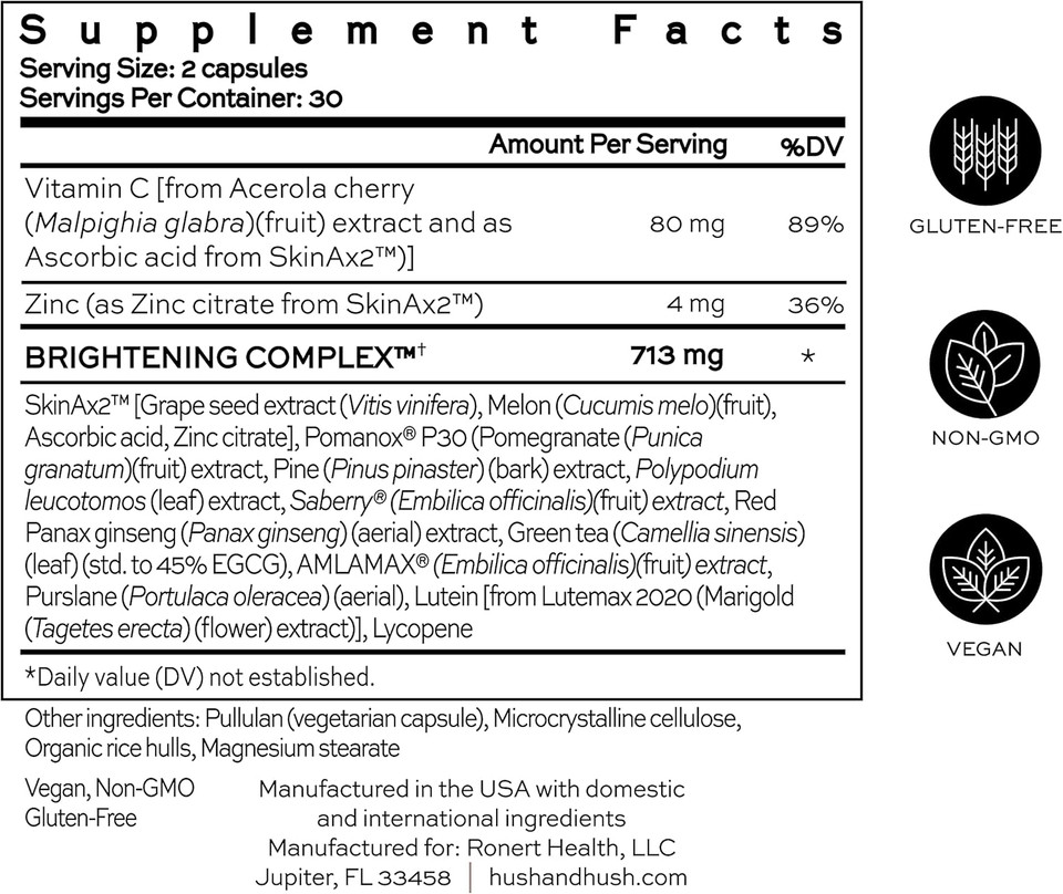 Hush & Hush Skincapsule Brighten+ - Skin Brightening Vitamin C Supplement - Glowing Skin Beauty Vitamins - Reduces Dark Spots & Discoloration - Vegan, Non-Gmo, Gluten Free - 60 Capsules